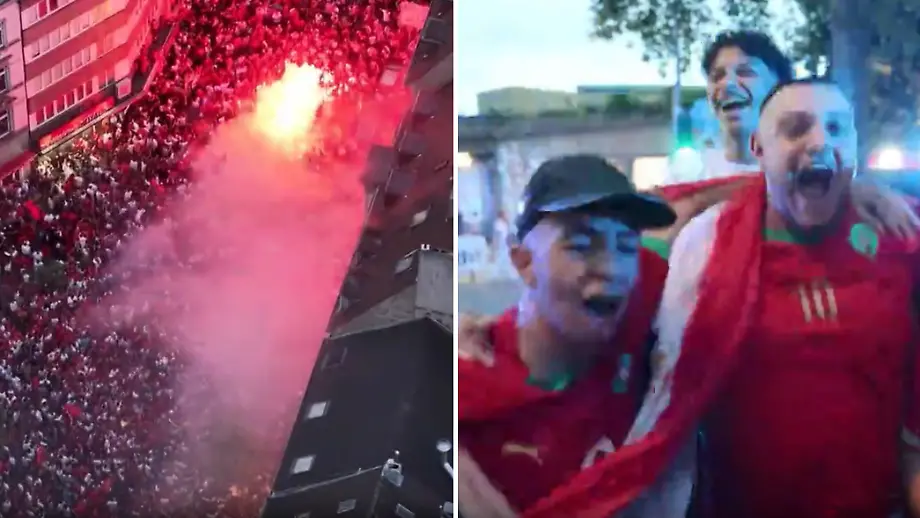 Marokkanische Fußballfans feiern in Düsseldorf nach WM-Sieg