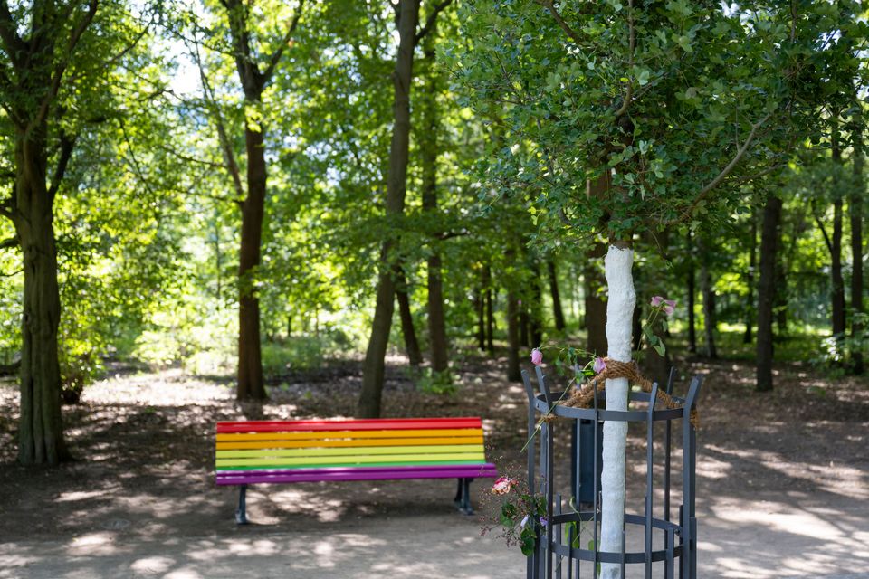 Vandalismus an Regenbogenbank im Berliner Tiergarten